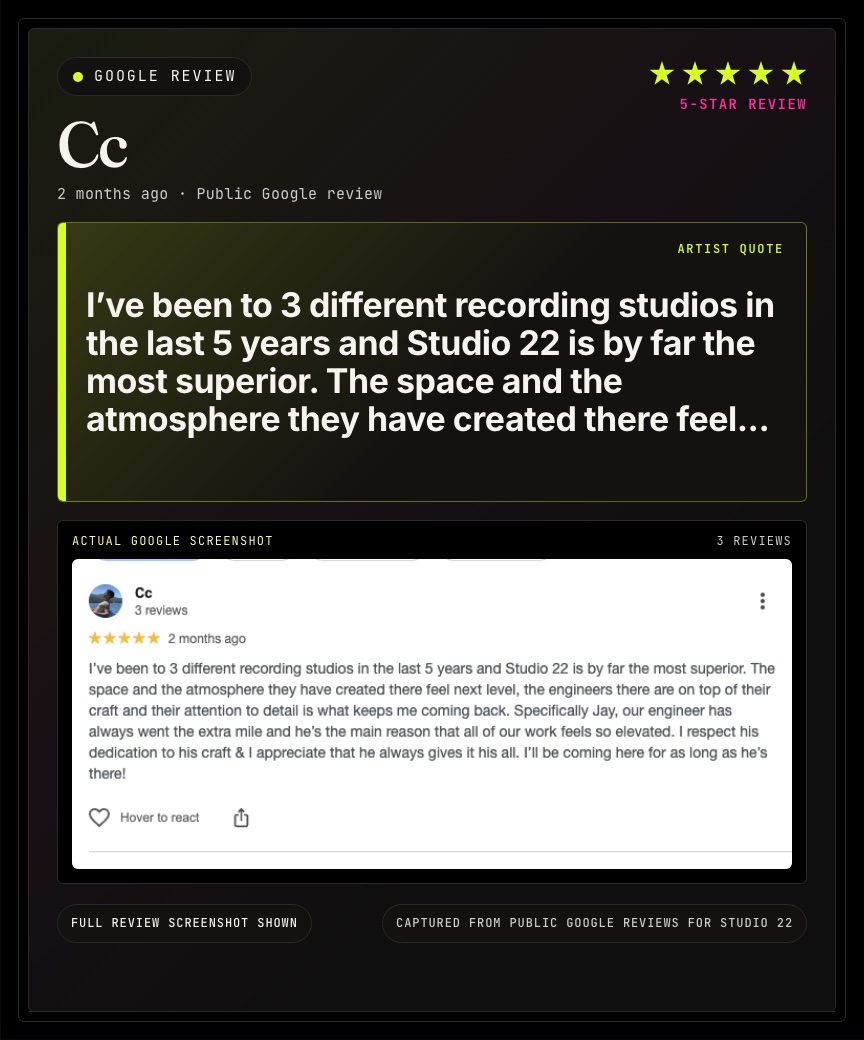 Google review from Cc for Studio 22.