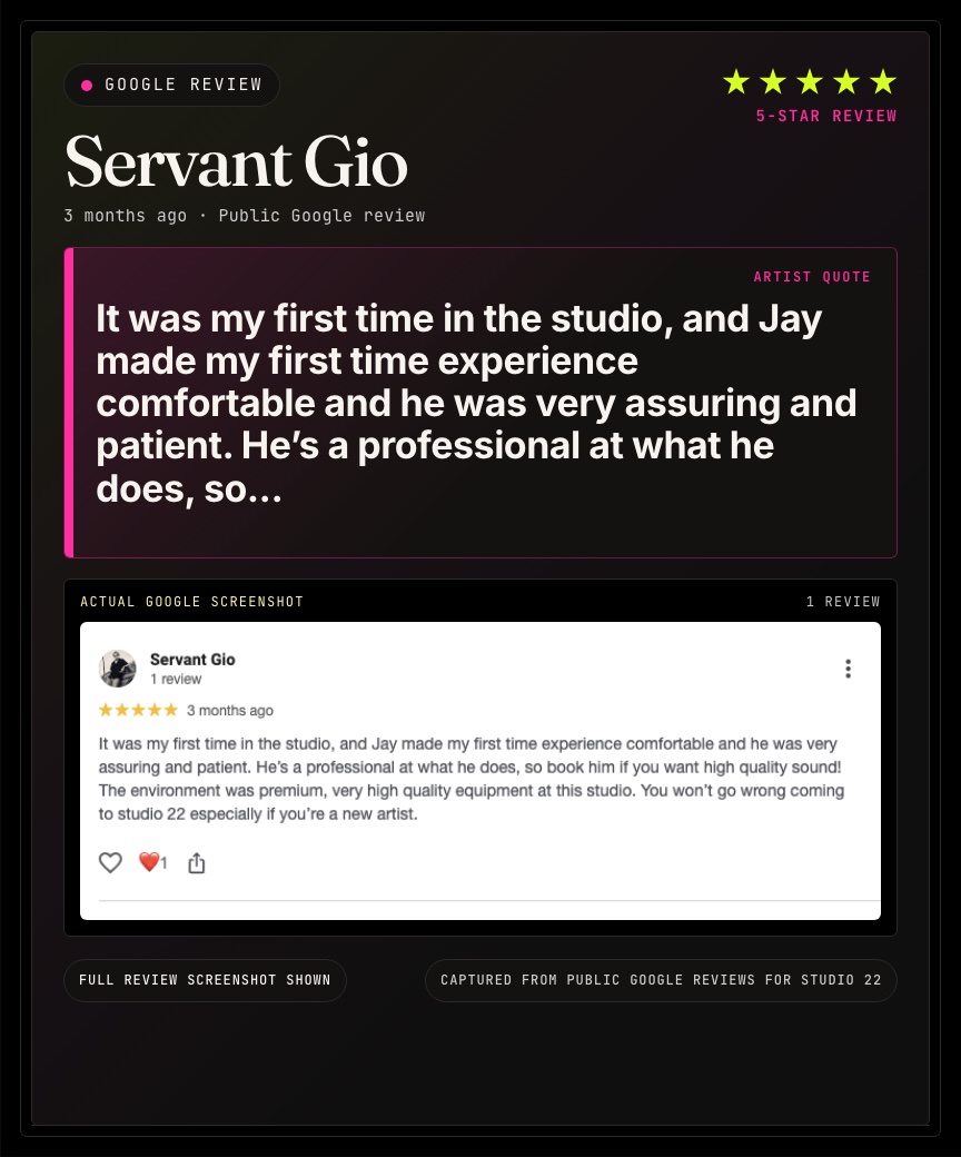Google review from Servant Gio for Studio 22.