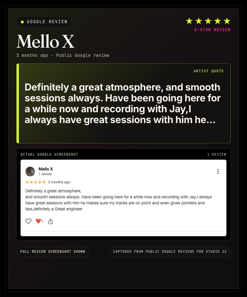 Google review from Mello X for Studio 22.