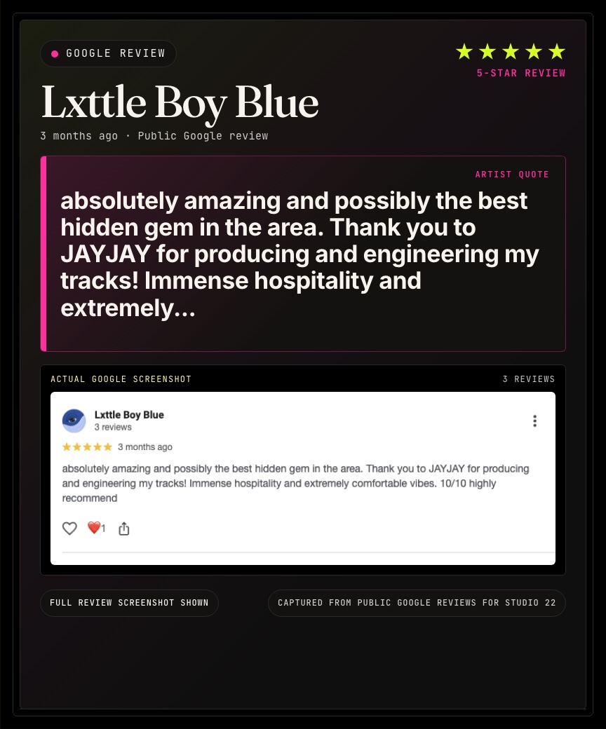 Google review from Lxttle Boy Blue for Studio 22.