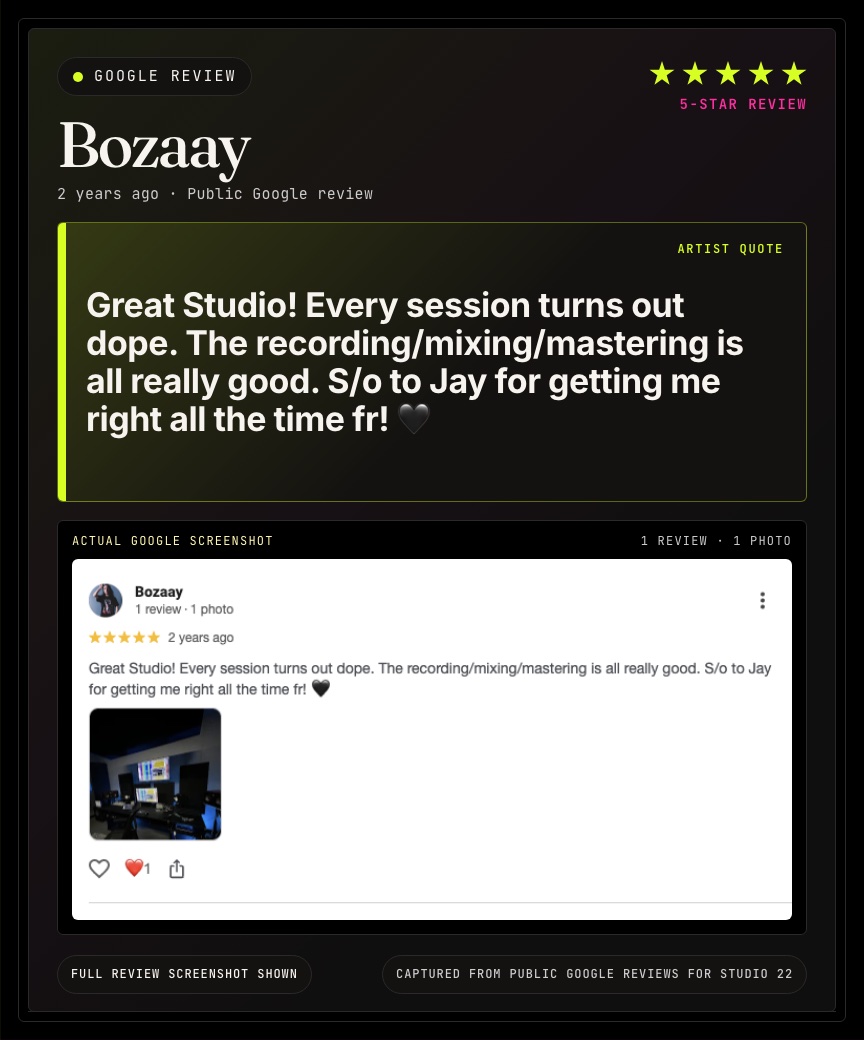 Google review from Bozaay for Studio 22.