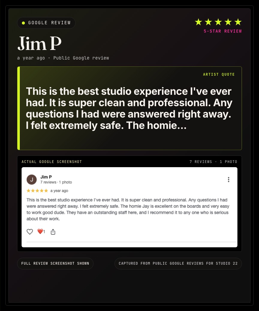 Google review from Jim P for Studio 22.