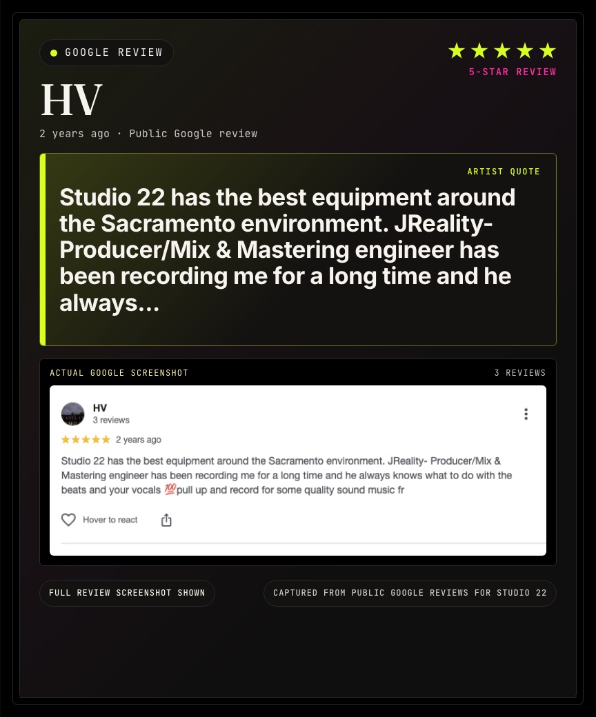 Google review from HV for Studio 22.