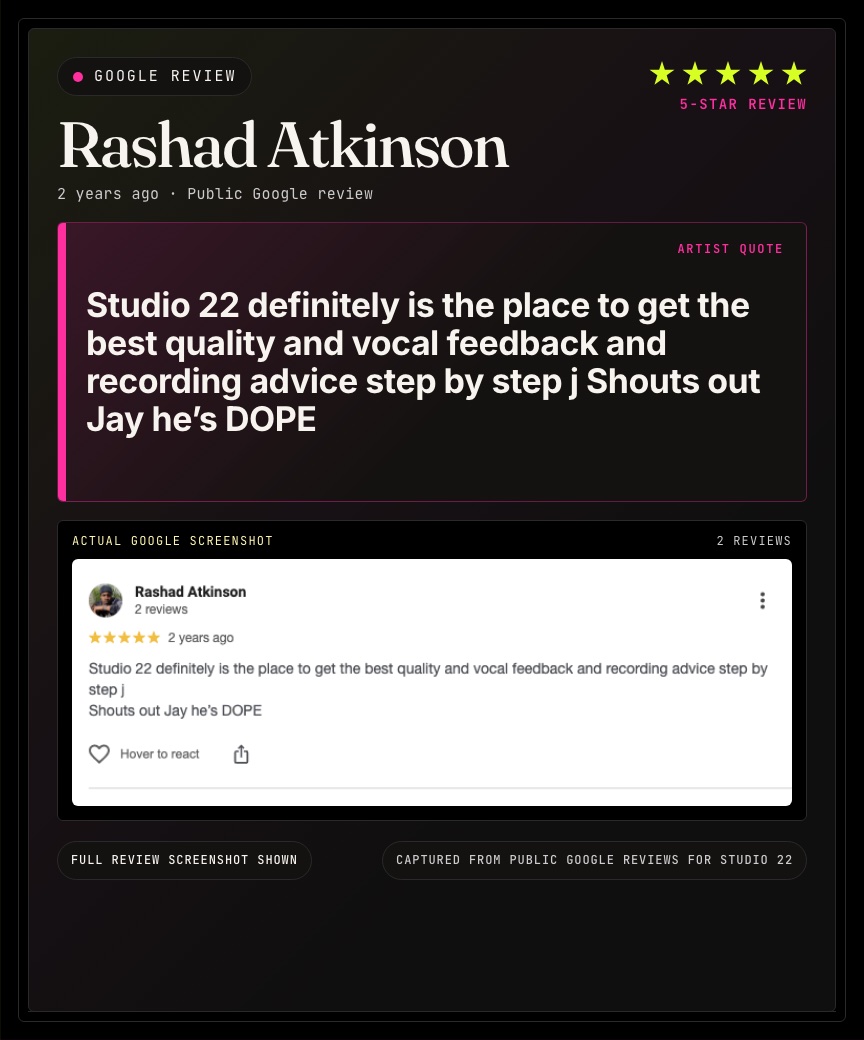 Google review from Rashad Atkinson for Studio 22.